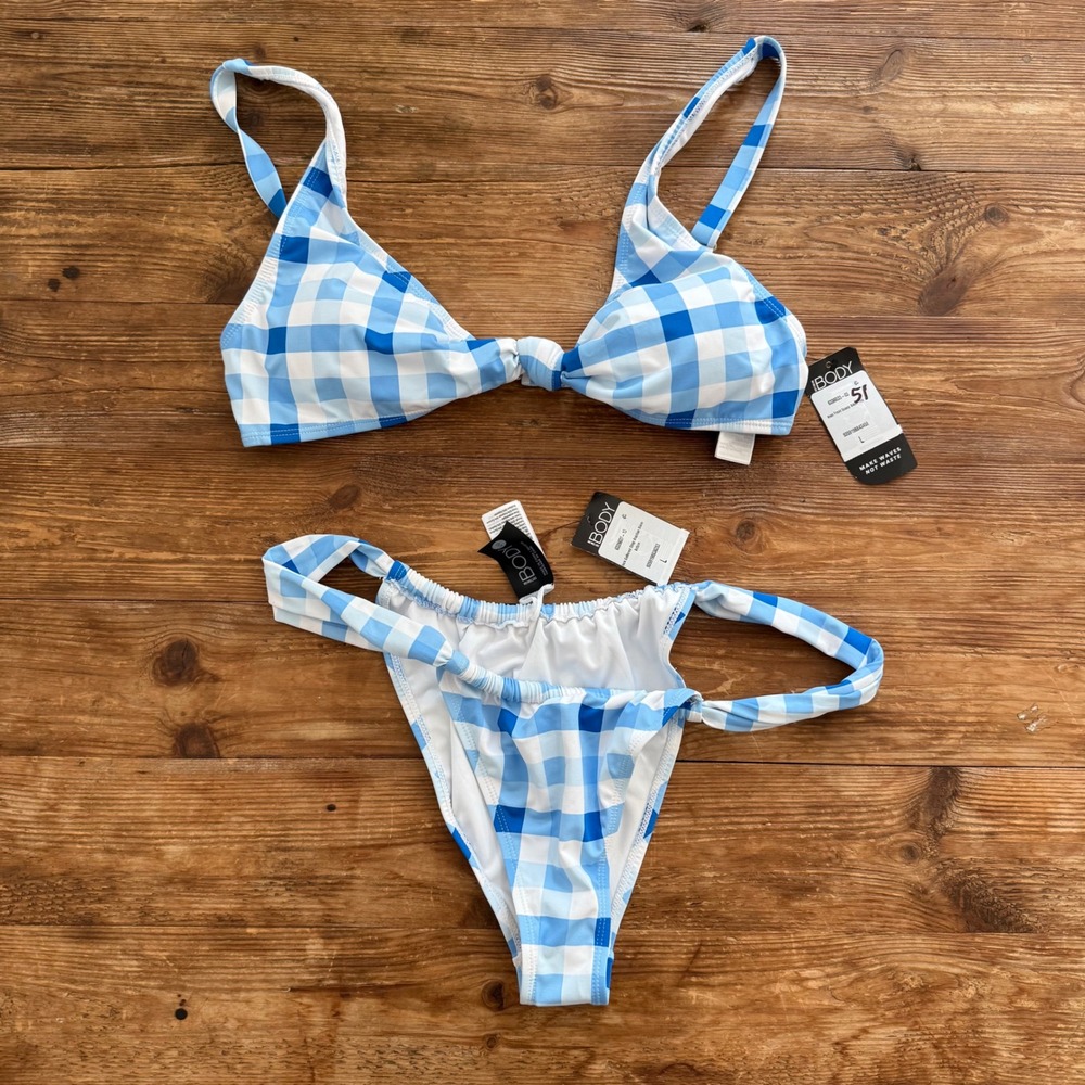 Cotton On Body Blue Gingham Knot Front Scoop Bikini Set 2-Piece Swimsuit Lrg NWT